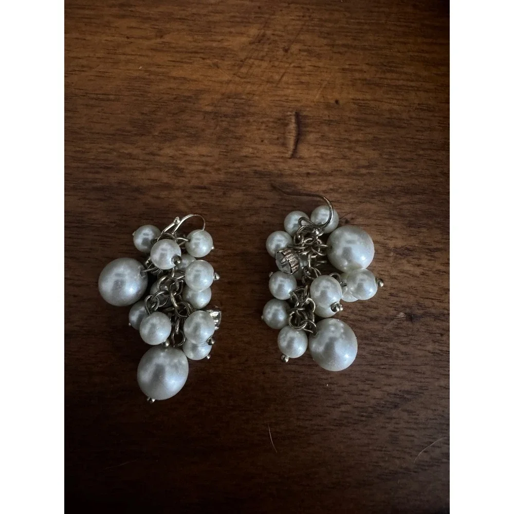 Gold Tone Pearl Cluster Dangle Earrings Faux Pearls‎ Rhinestones